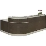 NBF Signature Series Esquire L-Shaped Reception Desk - Glass Top, Driftwood & Silver Laminate Desk 79Wx63D, Gray