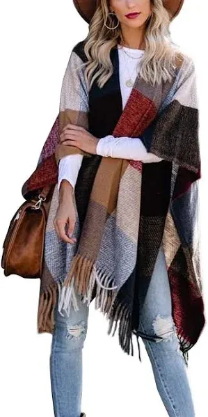 VIMPUNEC Women Boho Buffalo Plaid Poncho Pashmina Shawl Wrap Cape Sweater Knitting Cardigan with Tassel