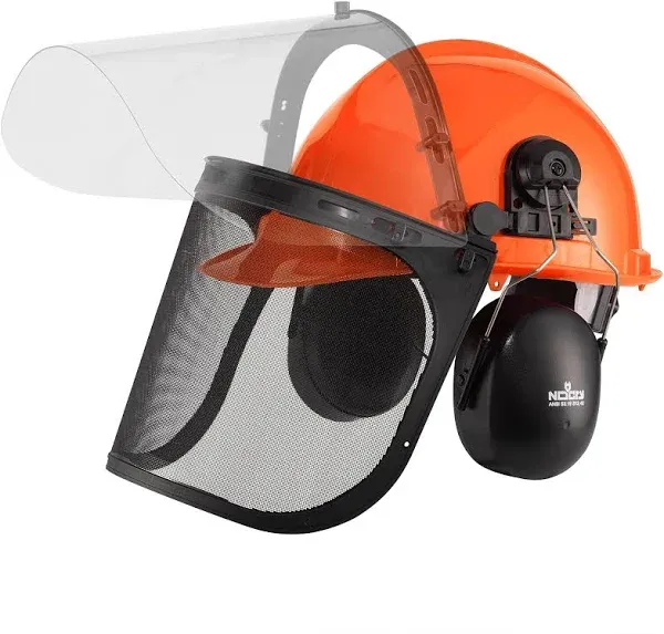 NoCry 6-in-1 Industrial Chainsaw Helmet with Face Shield and Ear Muffs - Includes a Mesh Chainsaw Face Shield & a Clear Plastic Face Visor - ANSI Z89.1 Certified Forestry Helmet or Arborist Helmet