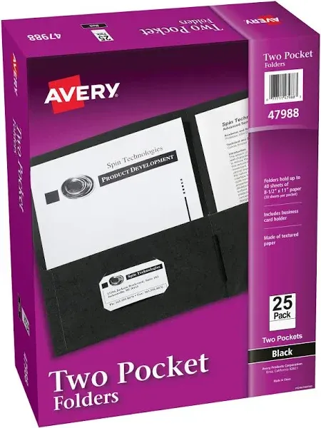 Avery Two Pocket Folders, Holds up to 40 Sheets, Business Card Slot, Case Pack of 125 Black Folders (47988)