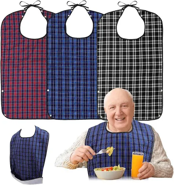 Adult Bibs for Men Pack of 3 - Reusable Bibs for Adult Eating, Clothing Protector with Crumb Catcher, Waterproof & Machine Washable Large Bids for Elderly Seniors Gifts for Men/Dad/Father