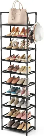 Design by Technique 10 Tiers Tall Shoe Rack 20-25 Pairs Boots Organizer Storage Sturdy Narrow Shoe Shelf for Entryway, Closets with Hooks, Black