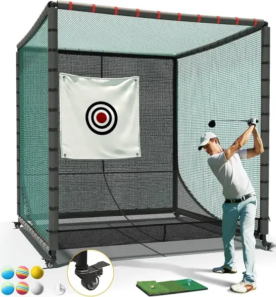 DWVO 10x10x10Ft Golf Cage Net with 4 Wheels, Advanced Golf Net with Rubber Hose, Golf Hitting Net for Indoor Outdoor Lawn Practice Movable(Includes 1 Ball Return Net, 1 Hitting Mat 6 PU Balls 1 tee)