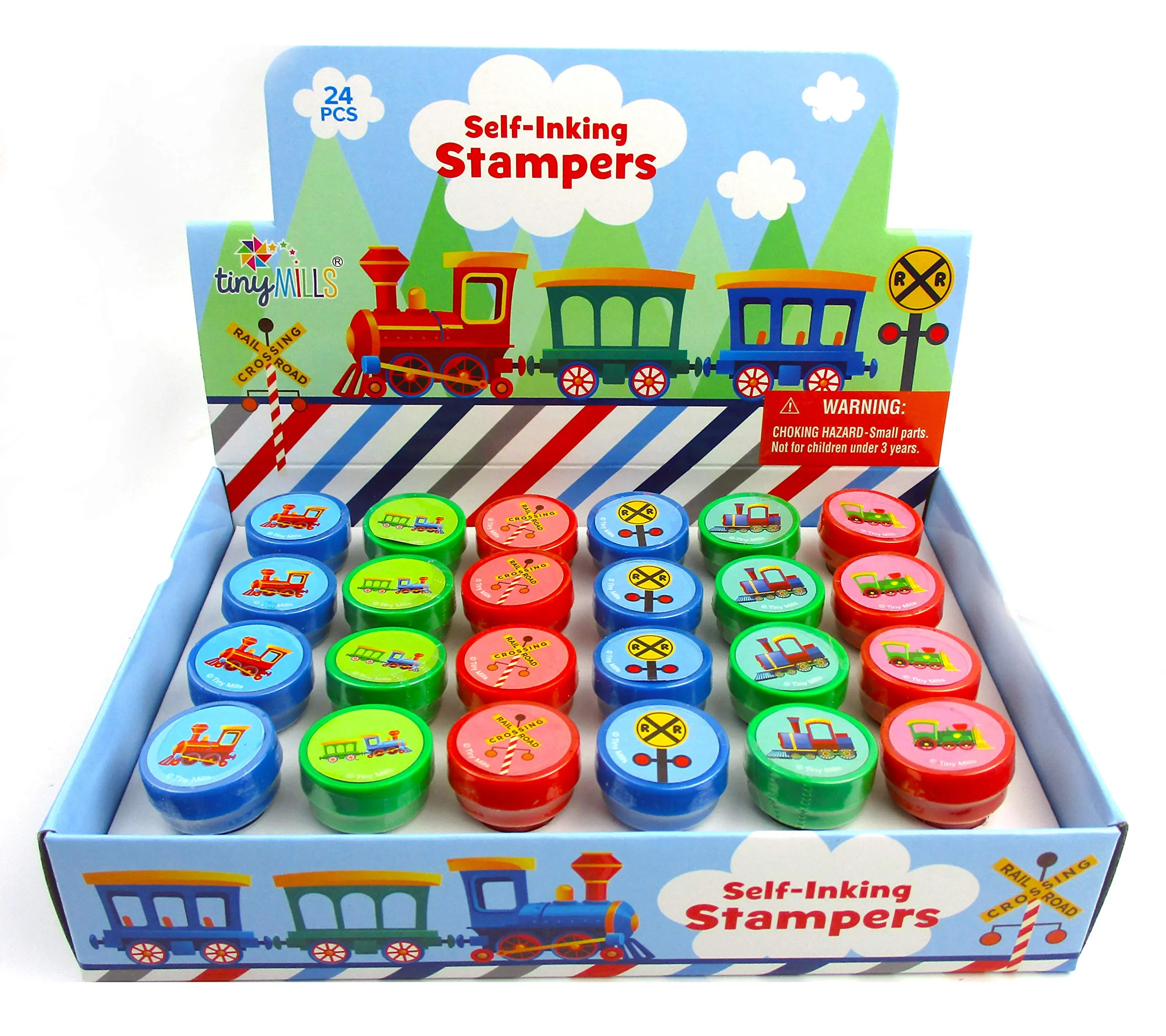 TINYMILLS 24 Pcs Train Stampers for Kids Birthday Party Goody Bag Stuffer Pinata Filler Carnival Rewards Class Prizes