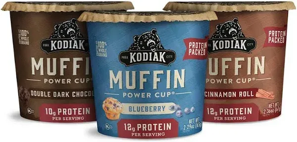 Kodiak Cakes Minute Muffin Cup Variety Pack - 100% Whole Grains, Double Dark Chocolate, Blueberry & Cinnamon Roll (Pack of 12)