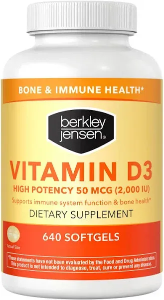 berkley jensen High Potency Vitamin D3 2000IU Supplement (640 Softgels), Supports Teeth, Muscle, Immune Function, and Bone Health, Non-GMO, Gluten Free, Men and Women