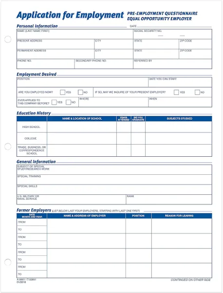 TOPS Employee Application Form 8.38 x 11 32851