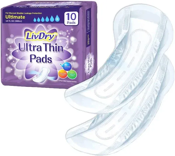 LivDry Incontinence Ultra Thin Pads for Women | Leak Protection and Odor Control | Extra Absorbent (Ultimate 10-Count)