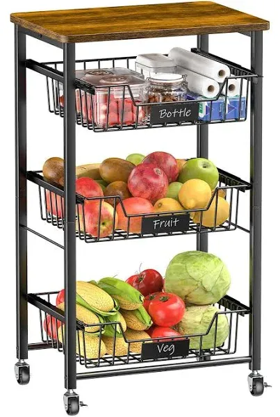 XYZLVSI 4-Tier Cart Kitchen Storage Cart with Wheels 4-Tier Metal Utility Rolling Cart Fruit Vegetable Storage Basket Pantry Rack with Wood Top & Pull