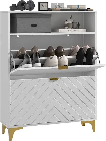 HOMCOM Shoe Storage Cabinet 9.5&#034;x31.5&#034;x41.<wbr/>25&#034; 3-Compartments w/ Shelves White