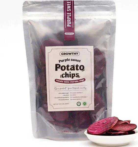 Growthy Dried Purple Sweet Potato Chips 250Grams, No Sugar Added, No Preservatives, Healthy Crunchy Purple Sweet Potato Chips For Kids & Adults, Vegan, None GMO, Low Sugar, Vitamin C, Vitamin E, Keep