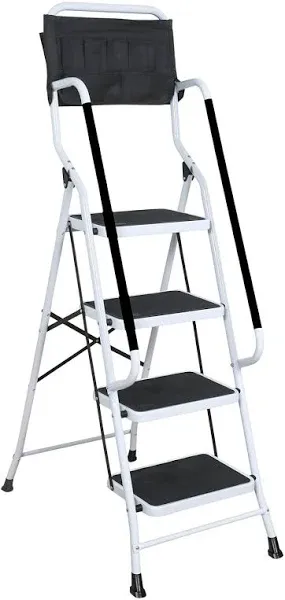 SUPPORT PLUS 4 Step Ladder Folding Step Stool with Handrail & Ladder Tool Couch - Folding Safety Step Ladders for Seniors, 300 Pound Capactiy Heavy Duty Step Ladder