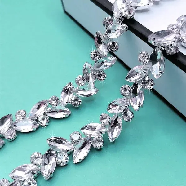 1 Yard Rhinestone Trim Diamond Crystal Rhinestone Chain Sparkly Rhinestone Applique for Wedding Party Decoration & Bridal Costume Embellishment Clothing Accessories