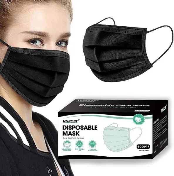 NNPCBT 100PCS 3 Ply Black Disposable Face Mask Filter Protection Face Masks