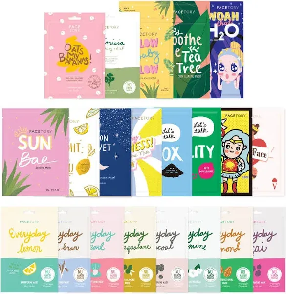 FACETORY Face Sheet Mask Bundle with 21 Facial Korean Skin Care Sheet Masks | Hydrating, Radiance Boost, Calming, Moisturizing, Balancing