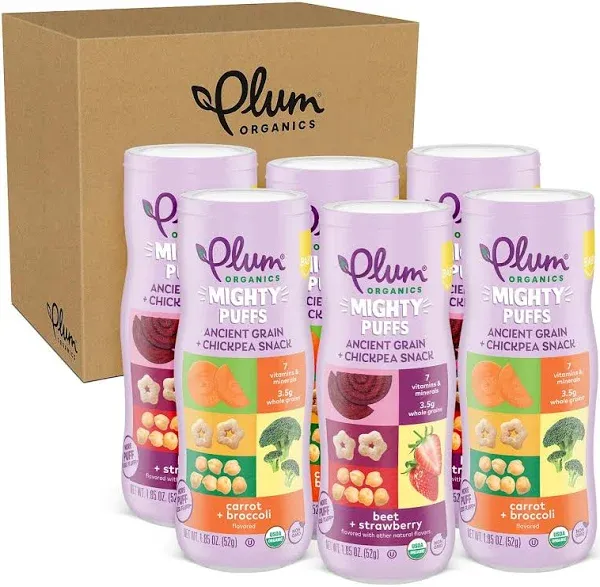 Plum Organics Mighty Puffs Organic Baby Food - Two Flavor Variety Pack - 1.85 oz Canister (Pack of 6) - Ancient Grains and Chickpea Snacks