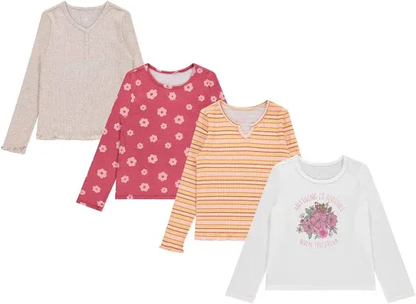 Girls' 4-Pack Long Sleeve Ribbed Cotton Tops