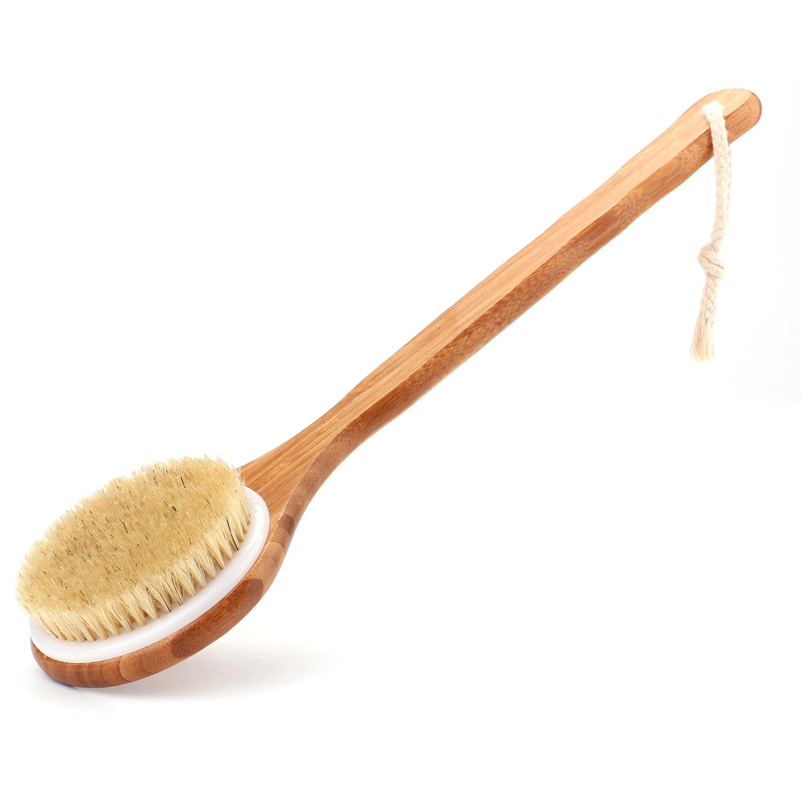 Shower Brush with Natural Bristle - Long Bamboo Handle Bath Body Brush for We...