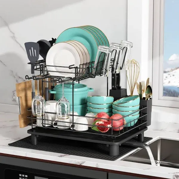 MAJALiS Kitchen Dish Drying Rack, 2 Tier Dish Drainers Shelf Help to Kitchen Counter Save Space, Multifunctional Stainless Steel Dish Strainers with Utensil Holder, Cups Holder, Black