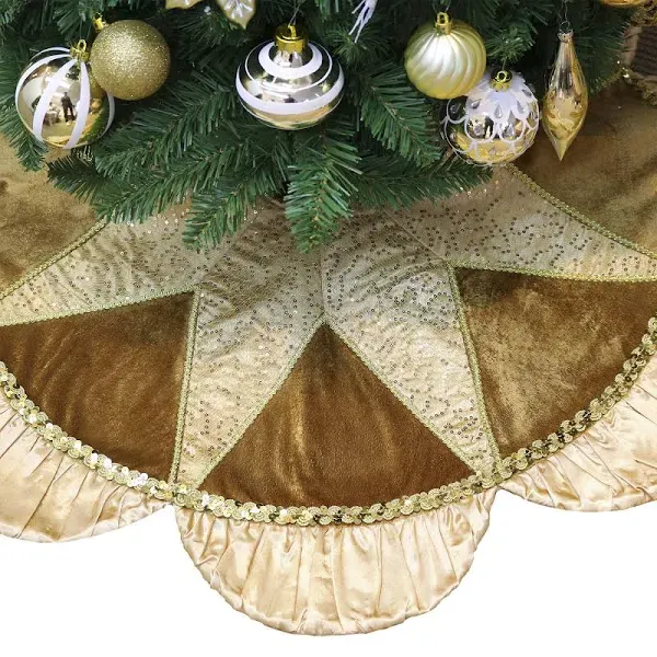 Valery Madelyn Christmas Tree Skirt for Tree Decorations, 48 Inch Luxury Sparking Gold Large Xmas Tree Skirt with Starshaped Sequins Pattern & Ruffle Trim for Merry Christmas Party Christmas Decor