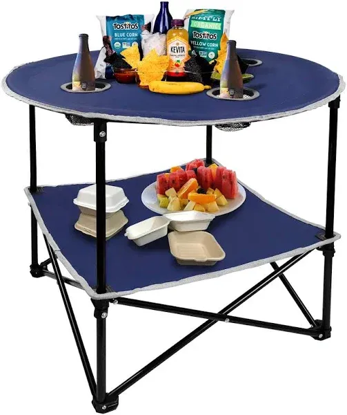 LESES Portable Picnic Table with Shelf Beach Table Outdoor Folding Camping Tables That Fold Up Lightweight with Cup Holders with Storage Bag