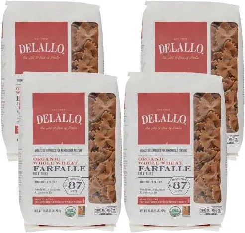 DeLallo Organic Whole Wheat Farfalle, Bow Ties Pasta, 1lb Bag