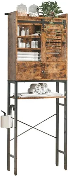 IRONCK Over The Toilet Storage Rack with Cabinet and Drawer, 6 Tier Bathroom Organizer Shelves Space Saver with Adjustable Shelf, Sliding Door, Paper Hook, Vintage Brown