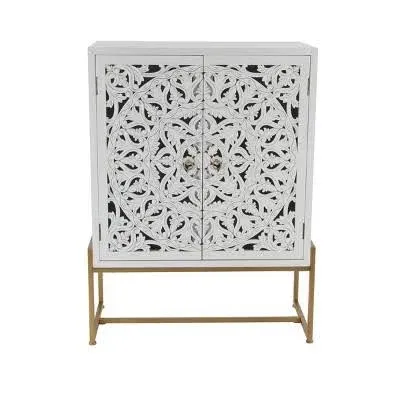 Deco 79 Wood Floral Intricately Carved 1 Shelf and 2 Doors Cabinet, 30" x 15" x 42", White