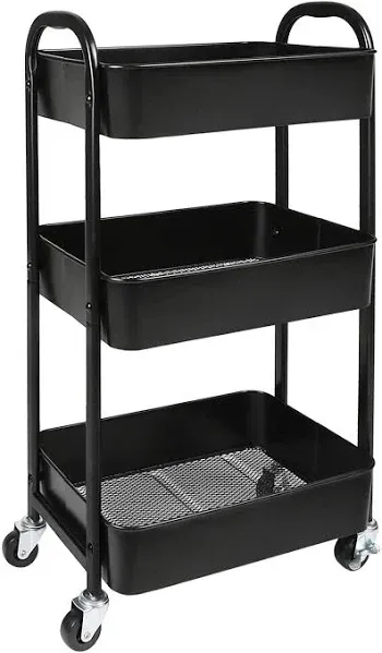 3-Tier Rolling Utility Cart with Stopper Caster Wheels and 4 Hooks, Easy Assembly, for Kitchen, Bathroom, Living Room, Office (Black)