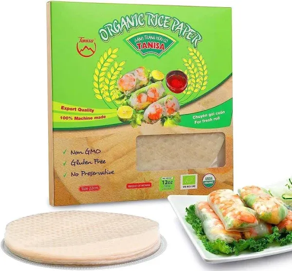 Tanisa Rice Paper, 38 Sheets Organic Rice Paper Wrappers, Low carb tortilla, Spring roll wrappers, Gluten FREE wraps (22cm, 12 oz) Non GMO Banh Trang Goi Cuon