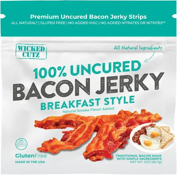 Wicked Cutz Breakfast Style Bacon Jerky Tender Flavorful Easy to Chew Premium Craft Bacon Jerky with 14g of Protein Per Bag