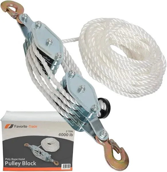 Poly Rope Hoist Pulley Block, 4000 LB 2 Ton 65 Feet of 3/8 “, 7:1 Lifting Power,