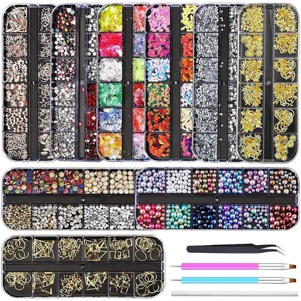 9 Boxes Nail Rhinestones,Nail Gems Nail Diamonds,Nail Art Studs Nail Crystals Nail Sequins for Nails Kit with 1 Tweezers and 3 Pen for Nail Art