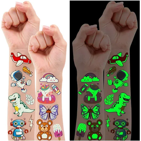 380 Styles (30 Sheets) Luminous Tattoos Mixed Styles Temporary Tattoos Stickers with Unicorn/Mermaid/Dinosaur/Outer Space/Pirate for Boys and Girls Glow Party Supplies Gifts