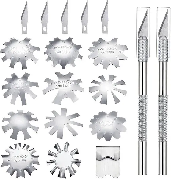 Akmi 12 Pieces French Nail Trimmer Stainless Steel French Tip Cutters Smile Line Cutter Edge Manicure DIY Plate Module with 2 Handles French Tip Cutti