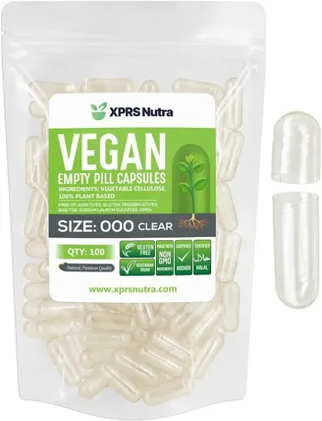 XPRS Nutra Vegan Size 000 Empty Capsules - 100 Count Clear Empty Vegan Capsules - Vegetarian Empty Pill Capsules - DIY Vegetable Capsule Filling - Veggie Pill Capsules Empty Caps Pills