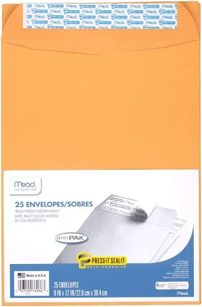 Mead® Press-It Seal-It® Envelopes, Office Pak, 9" x 12", Brown Kraft, 25 Count