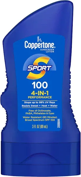 Coppertone SPORT Body Sunscreen SPF 100 Lotion, Water Resistant, Travel Size 3oz