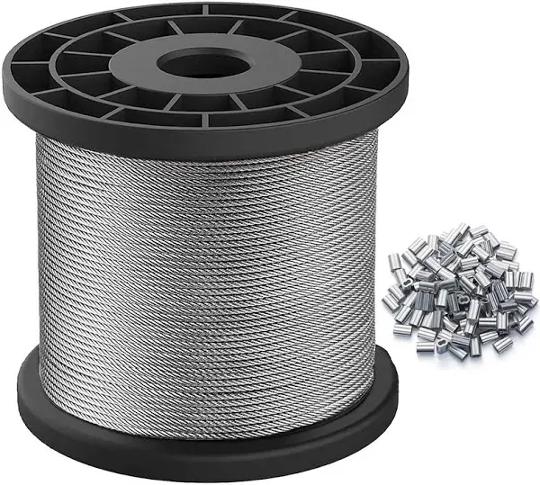 Wire Rope, 1/16 Wire Rope, Stainless Steel 304 Wire Cable, 328FT Length Aircraft Cable with 100pcs Sleeves Stops, 7x7 Strand Core, 368 lbs Breaking Strength Perfect for Outdoor,Yard,Garden or Crafts