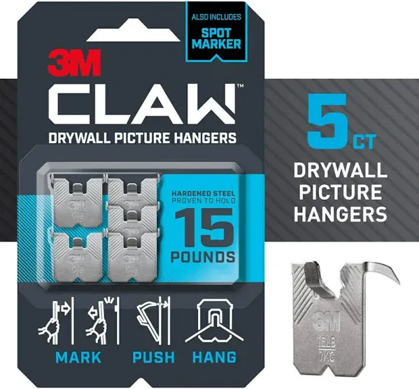 3M 3PH15M-5ES CLAW Drywall Picture Hangers &amp; Markers, Holds 15-Lbs., 5-Pk. -