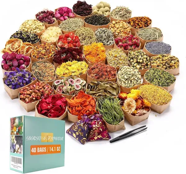 40 Bags Natural Dried Flowers Kit, Natural Dried Herbs with 2 Mesh Drawstring -