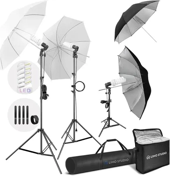 LimoStudio (LED Super Bright) 1200W Output Photo Studio Umbrella Continuous Lighting Kit, 6500K Neutral Day Light, 9000 Lumen, 95>CRI, White Soft Umbrella Diffuser & Black, Silver Reflector, LMS103