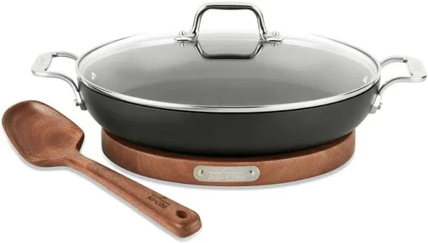 All-Clad HA1 Nonstick Universal Pan with Lid, Acacia Wood Trivet and Spoon · 3 QT