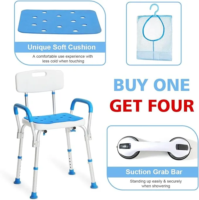 Shower Chair with Arms and Back, Padded Shower Seat for Inside Shower with Grab Bar/Toiletry Bag, Tool-Free Shower Seat for Bathtub, Shower Bath Chair for Elderly/Disabled by SOUHEILO