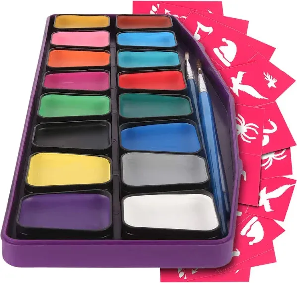 Face Paint Kit for Kids - Pack of 16 Water-Based Paints with 3 Painting Brushes