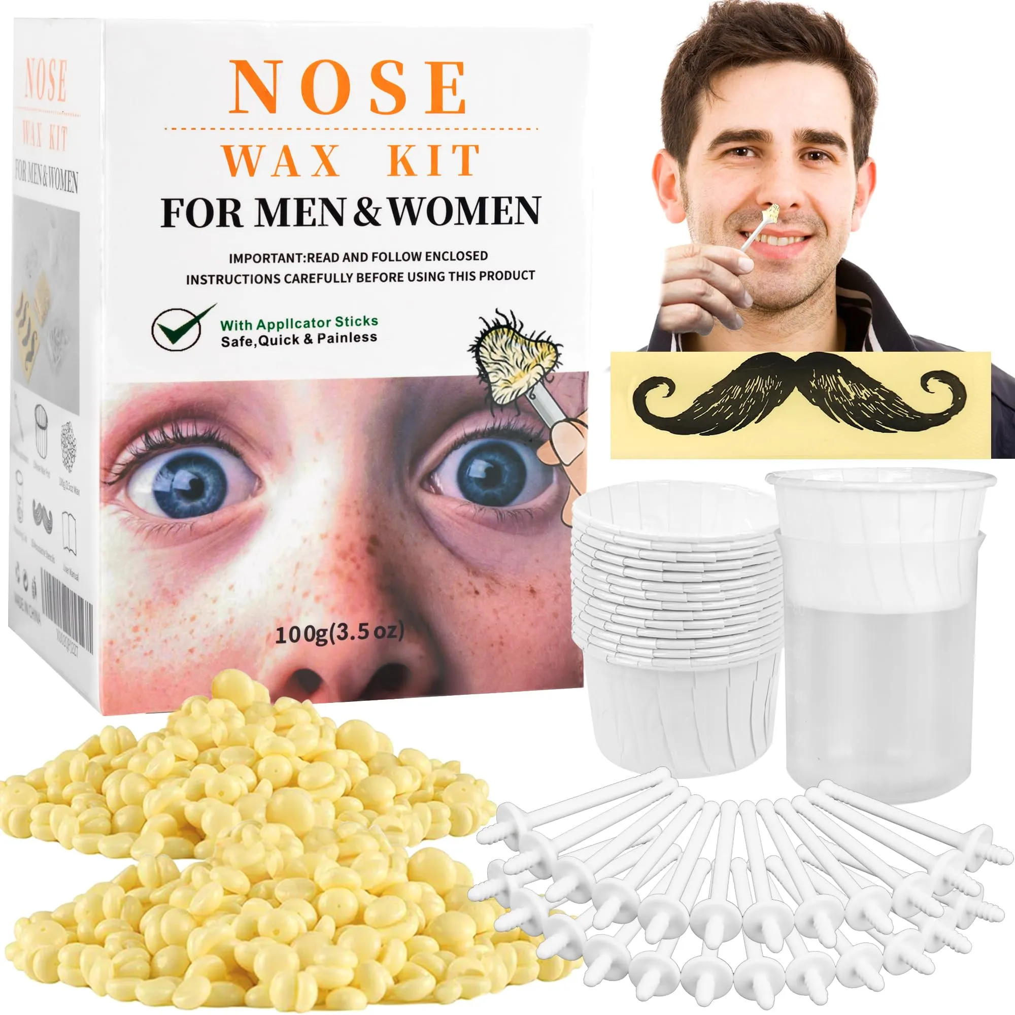 Nose Wax Hair Removal Kit by CoFashion | 100g Wax, 30 Applicators (15-30 Uses) | Painless, Quick & Easy for Men | 15 Mustache Guards, 1 Silicone Cup