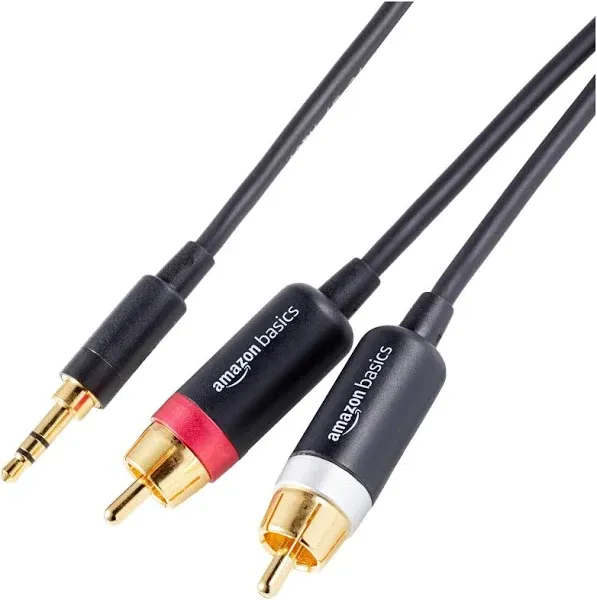 Amazon Basics 3.5 Aux to 2 x RCA Adapters, Audio Cable for Amplifiers, Active Speakers with Gold-Plated Plugs, 25 Feet/7.6 m, Black