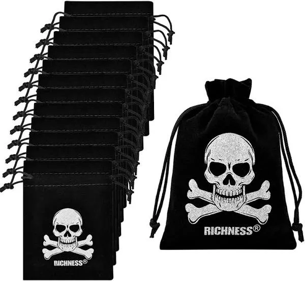 RICHNESS Pirate Bags with Drawstring 4.5 x 3.5 Inches Suede Pirate Goodie Bags for Pirate Party Favors Pack of 12