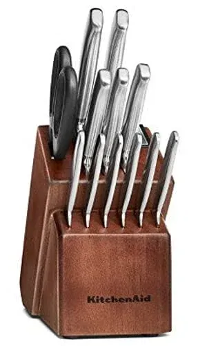 KitchenAid KKFSS14CS 14pc German Stainless Steel Knife Set Wooden Block Maple Integrated #600 Diamond Grit Sharpener