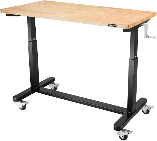 WORKPRO Height Adjustable Work Table with Crank Handle and Casters 24” Wooden Top Standing Desk Workbench